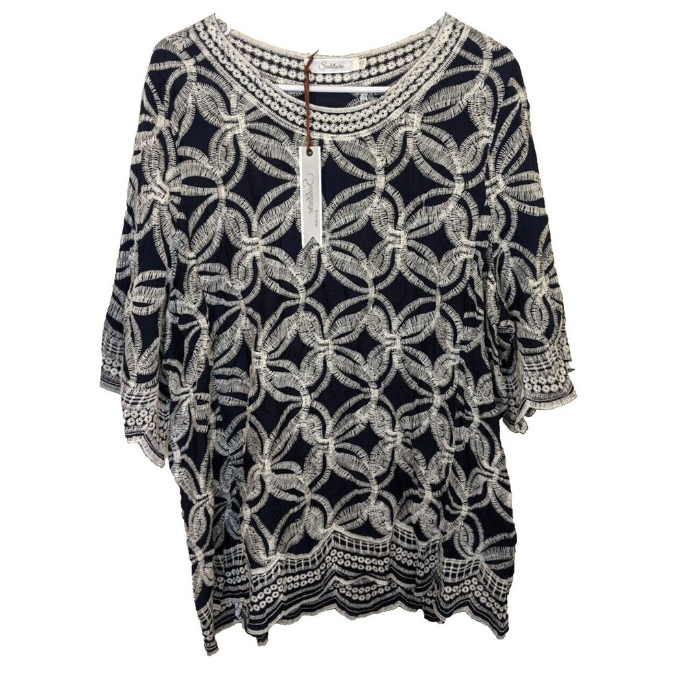 SOLITAIRE Navy Blue Tunic Top Embroidery Boho 3/4 Sleeve Plus Size 1X